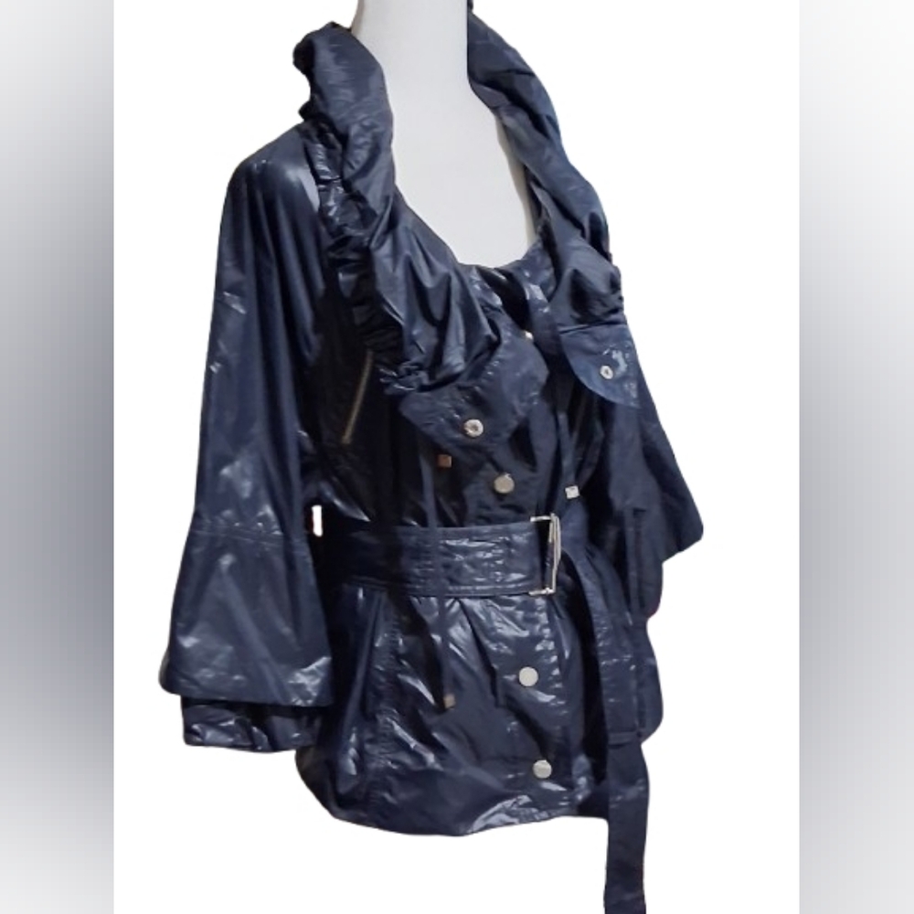 NWOT "PER SE"/ CHANNEL DESIGN. Women's Navy Belted Rain Jacket, US 16, UK 18